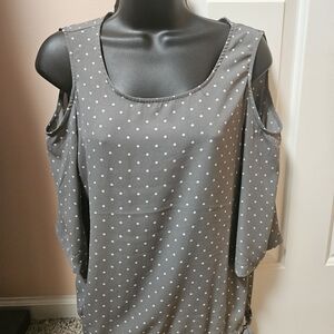 New York & Company Charcoal Polka Dot Cold Shoulder Blouse